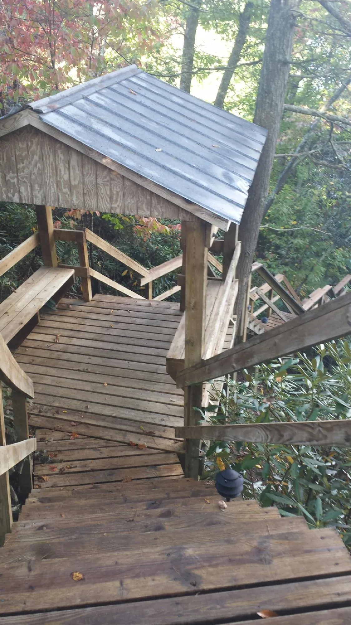Metal roofed shelter over wooden steps on a wooded walkway — Skylight Repair & Installation work by our crew in Mount Perry